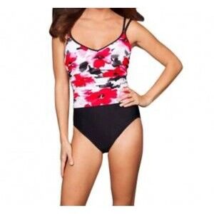 Miraclesuit Slimming One Piece Swimsuit Ruched Black Pink Tropical Sz 10 Padded